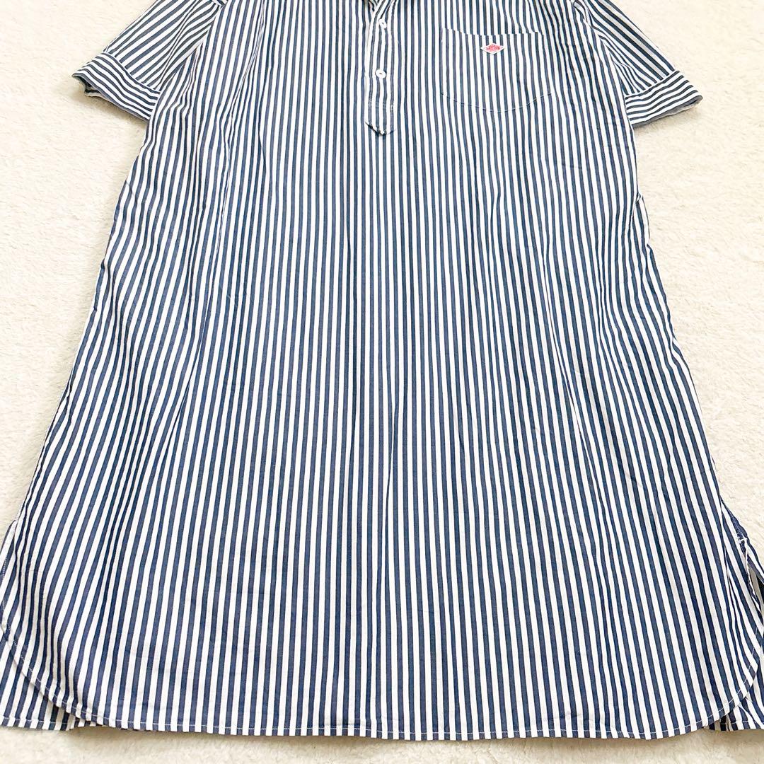 《美品》DANTON ストライプ ロング シャツワンピース ロゴ 白 ブルー F