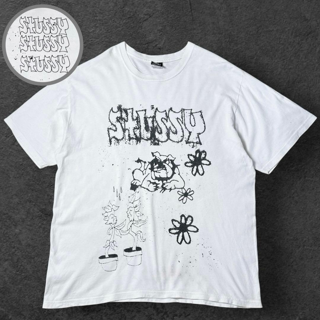 【STUSSY】 両面プリント 白Tシャツ L XL グラフィック アート ロゴ