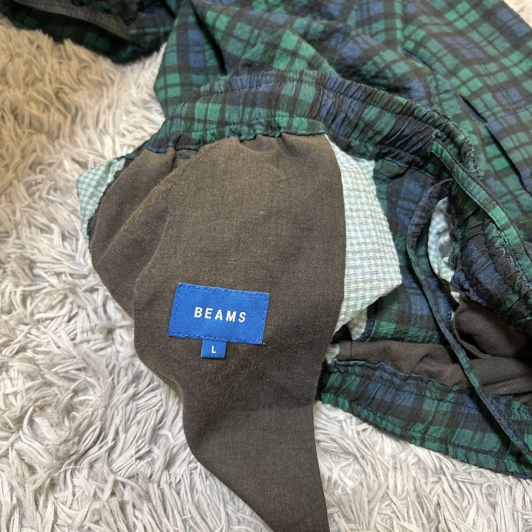 【美品】beams カーゴパンツ　ブラックウォッチ　シアサッカー　裾コード　L