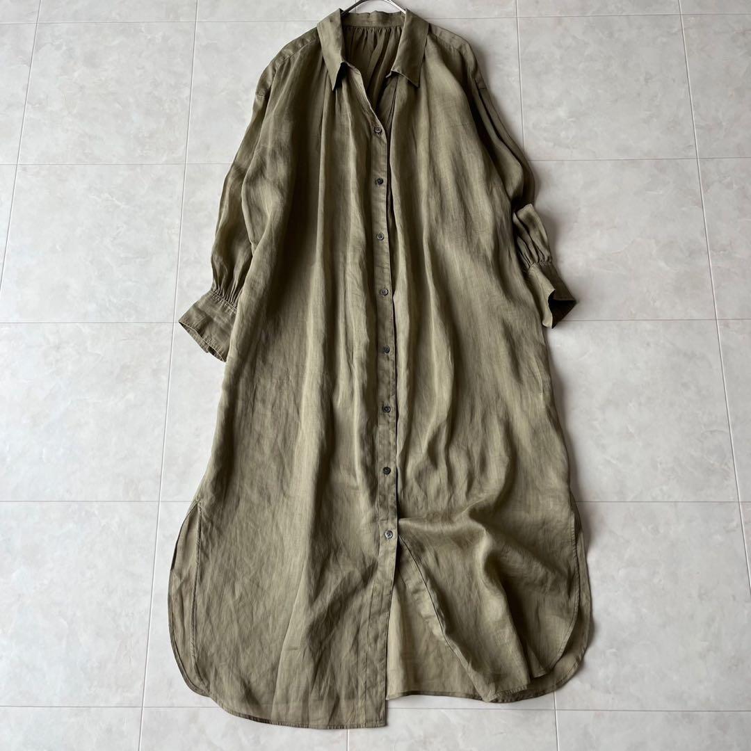 麻60%✨ユナイテッドアローズ GLR ロングシャツワンピ カーキL