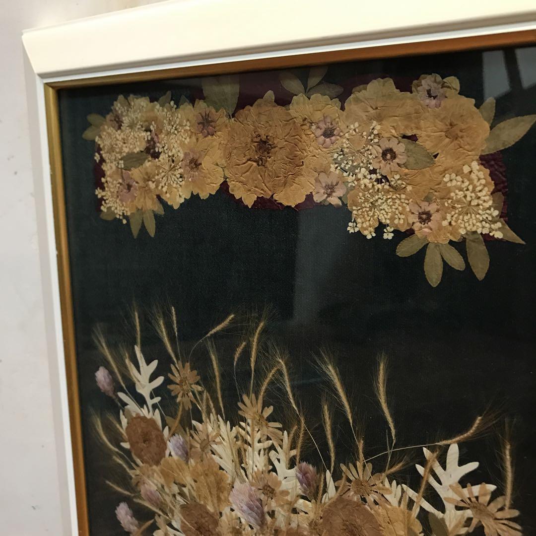 美品　ヴィンテージ　押し花　木製額　レースが上品な　花　ホワイト　花束