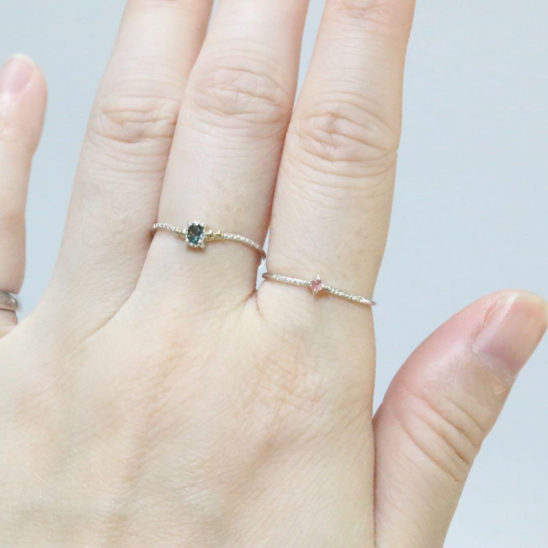 淡ローズピンクの輝きベイリネナイト細身両サイドミル打ちシルバーリング10号強