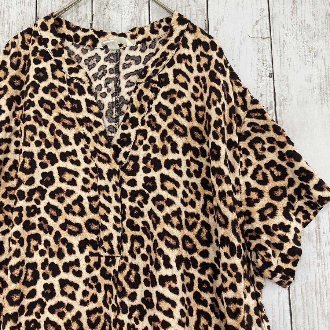 H&M】ヒョウ柄 Vネックスキッパー半袖チュニックワンピース