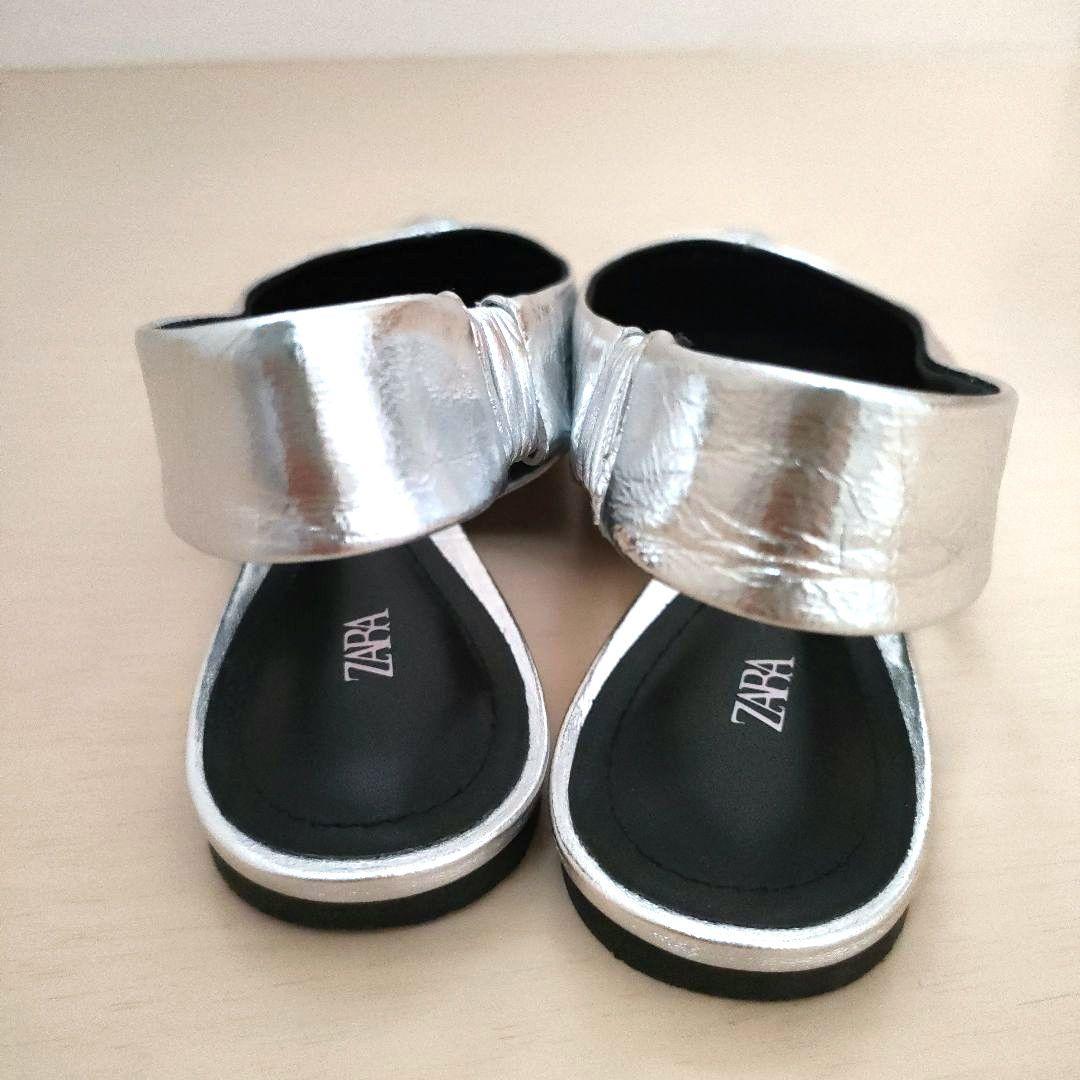 スペイン ZARA メタリックレザー バックレスバレリーナシューズ メタリック レザー バックレス バレリーナシューズ ザラ 35