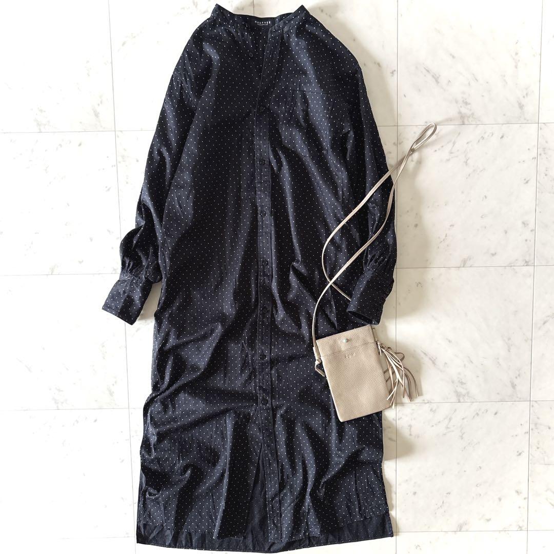 美品 マカフィー コットンサテンドットプリントロングシャツワンピース 洗える S