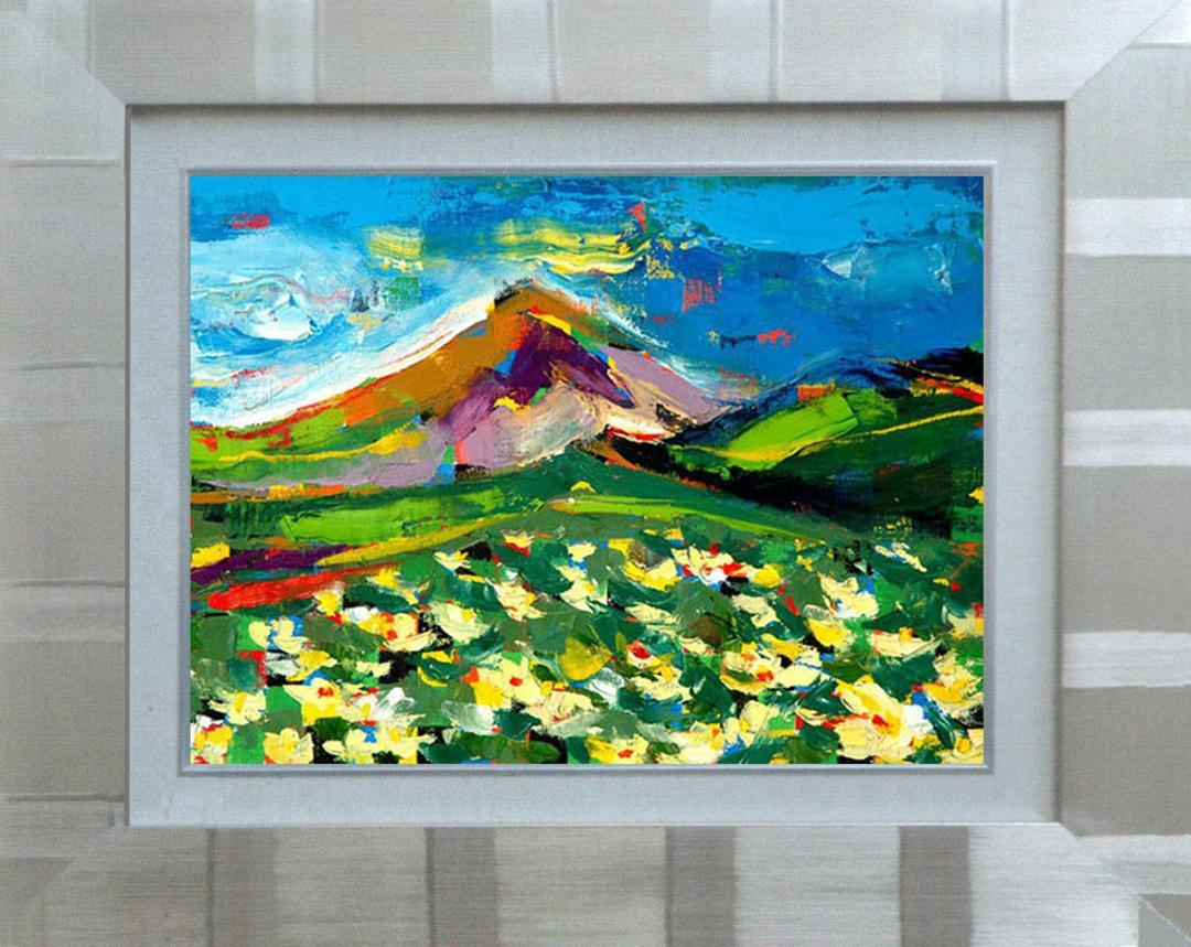 メルカリ絵画　絵 額付( 青緑＋金色の枠 )油絵F4-081011　 風景　高原