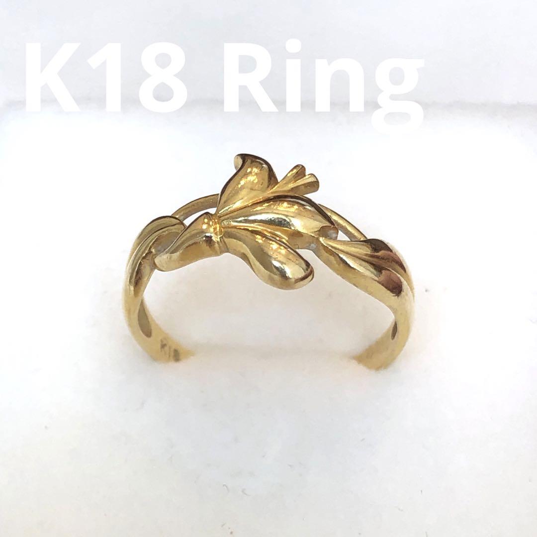 K18美品百合（ユリ）モチーフゴールドリング 8号 2566K2505
