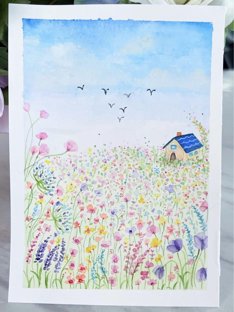 水彩画絵画原画『花畑に佇む家』