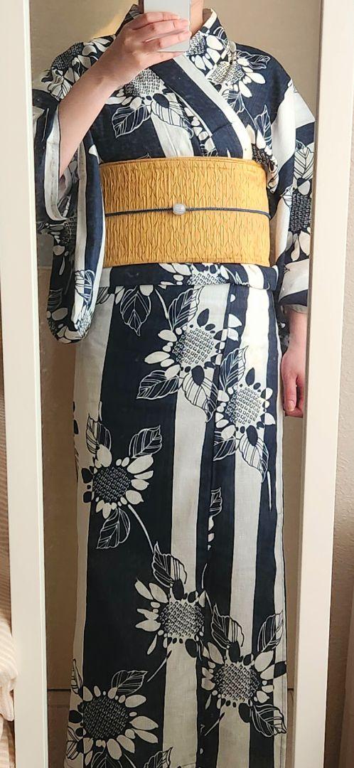 ■綿麻 2024年新作  白/紺 ひまわりの花と縞の浴衣  単品