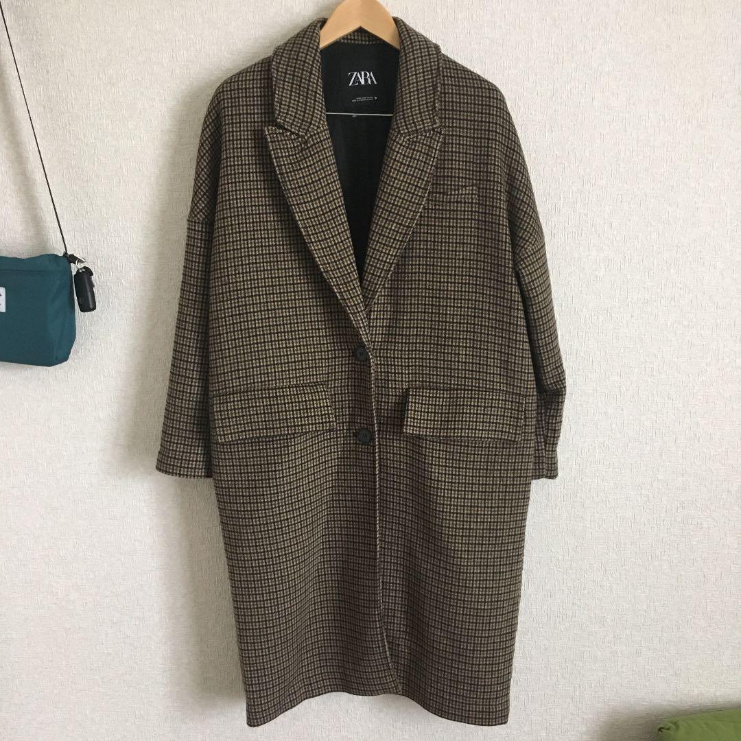 【ZARA】完売品 チェックチェスターコート ベージュ ブラウン オーバーサイズ ZARA】完売品 チェックチェスターコート ベージュ ブラウン