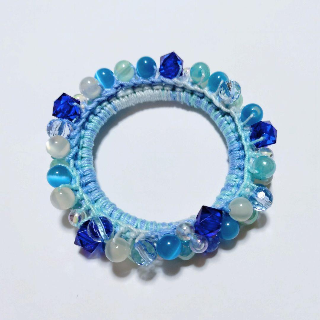 ハンドメイド]キラキラビジューのりぼんヘアゴム 水色 ビーズ