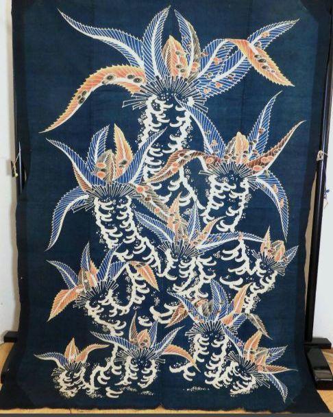 明治期筒描・勢いのある蘇鉄・手描き・4巾・珍しいモチーフ・濃い緑色系