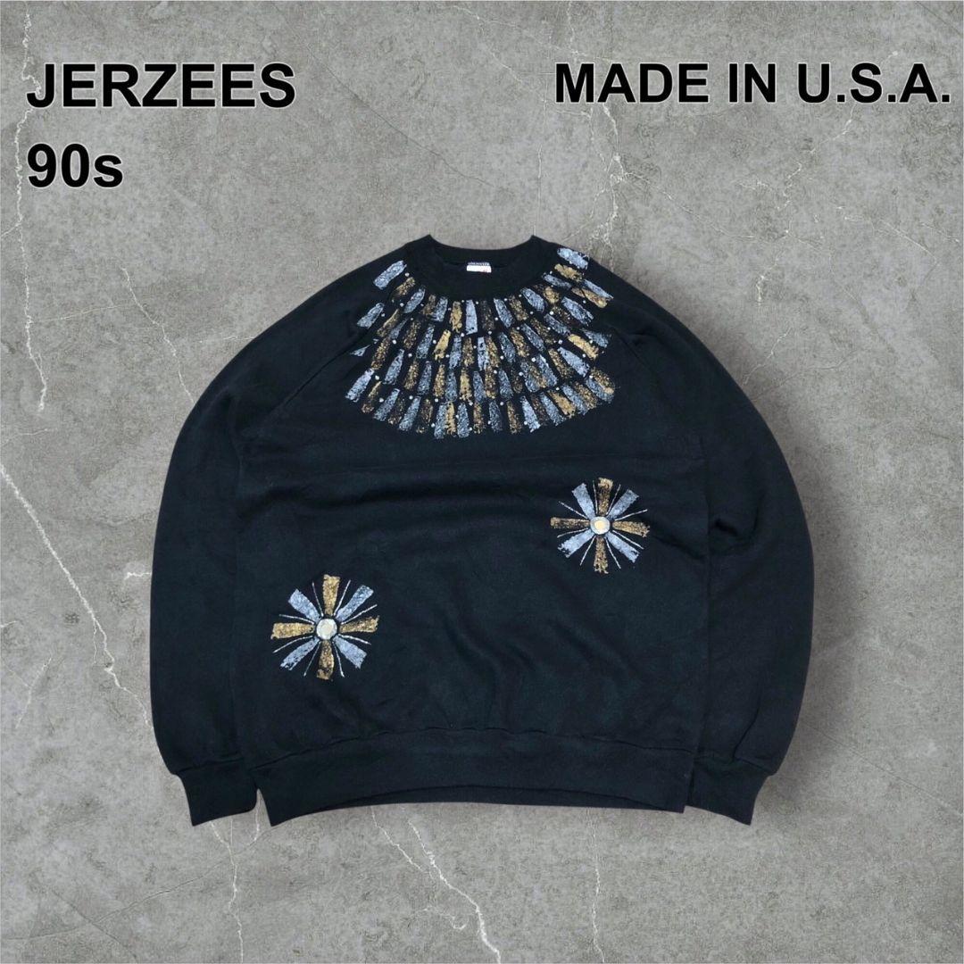90sUSA製当時モノJERZEESスウェットスパンコールフェードXLブラック