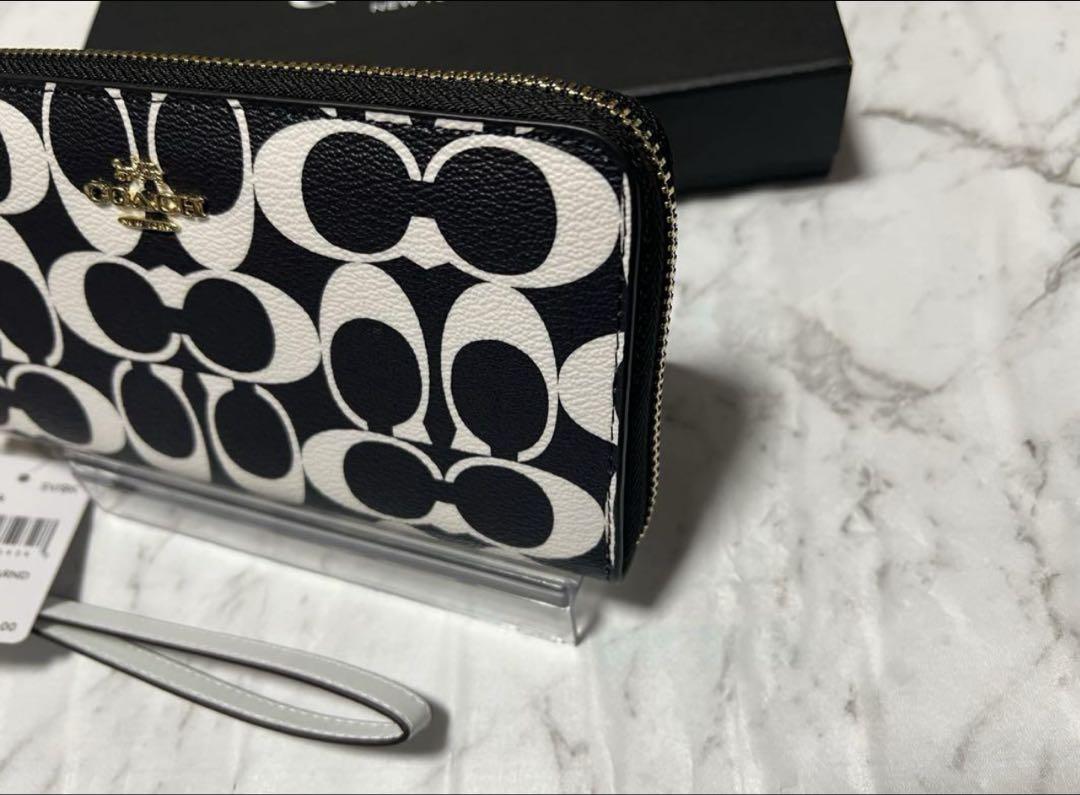 COACH 長財布 ブラック ホワイトシグネチャー ラウンドファスナー 新品