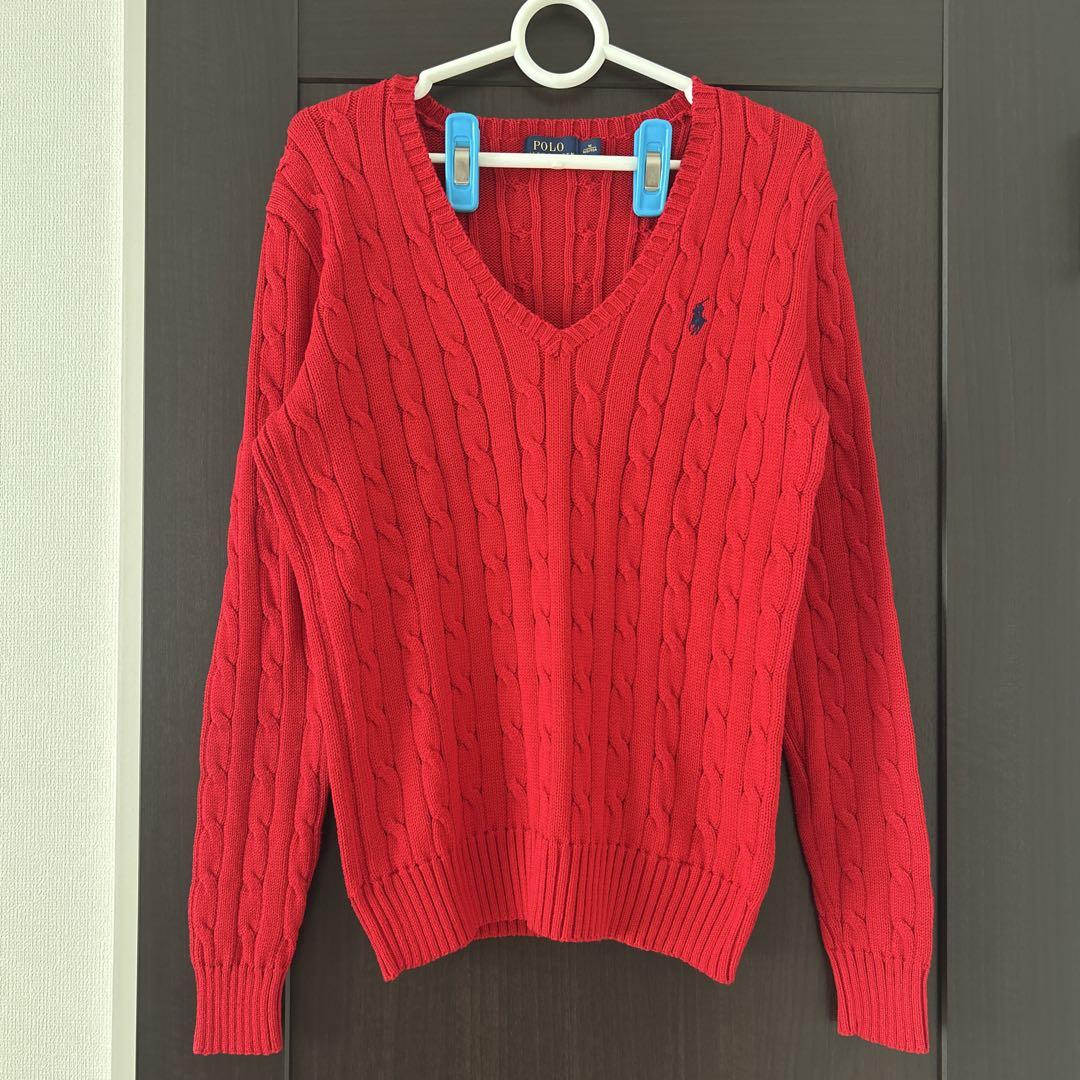 POLO レッド　ケーブルニット　長袖