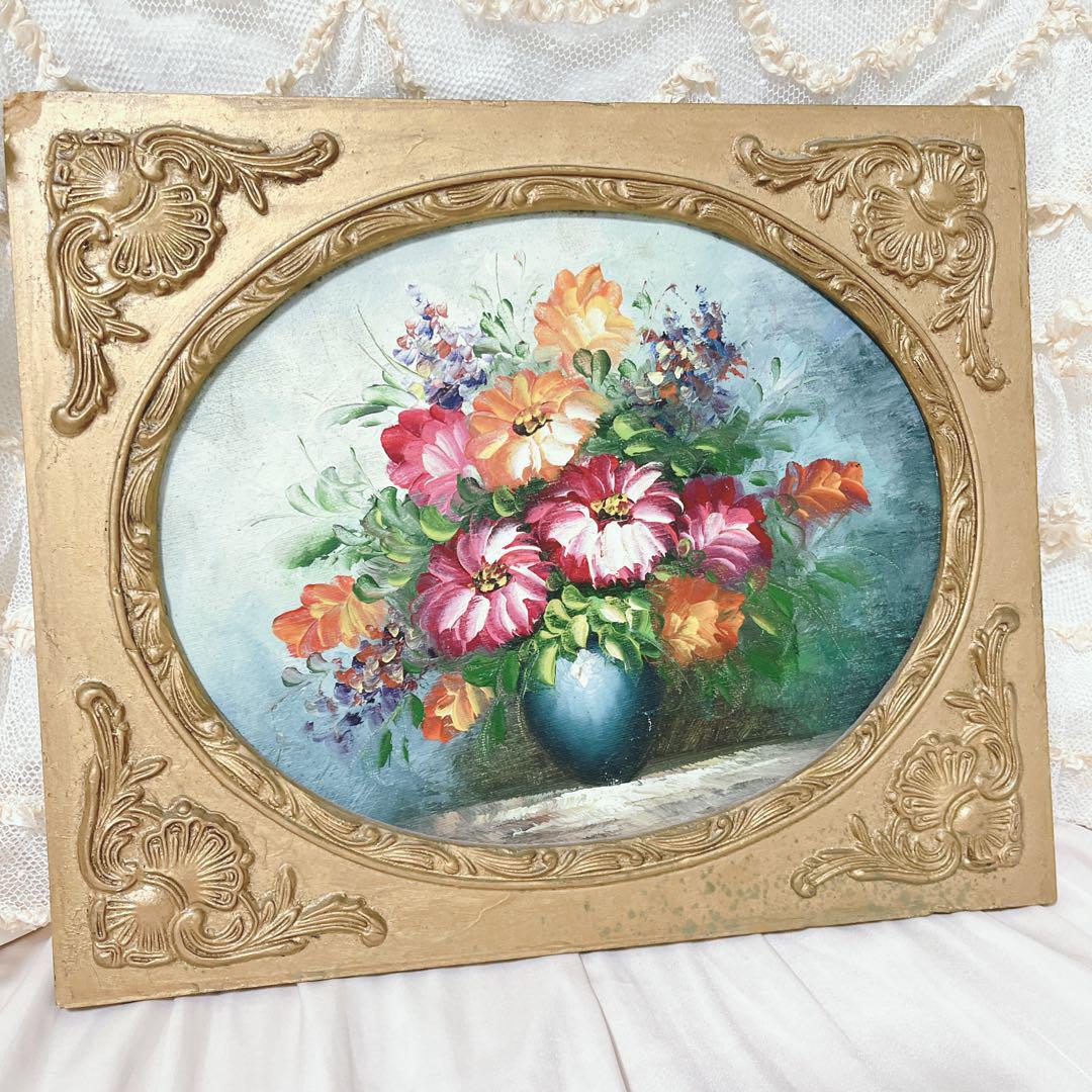 古い油彩画 湖畔 （額装 湖畔の花 アメリカで版画化 絵 花 絵画