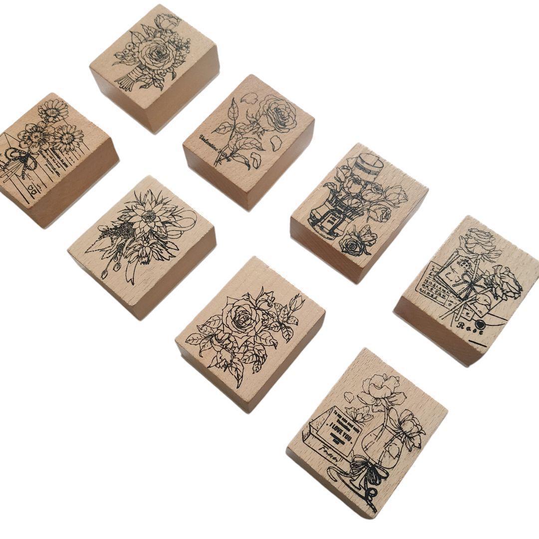 スタンプセット木製花8個はんこハンドメイドに薔薇