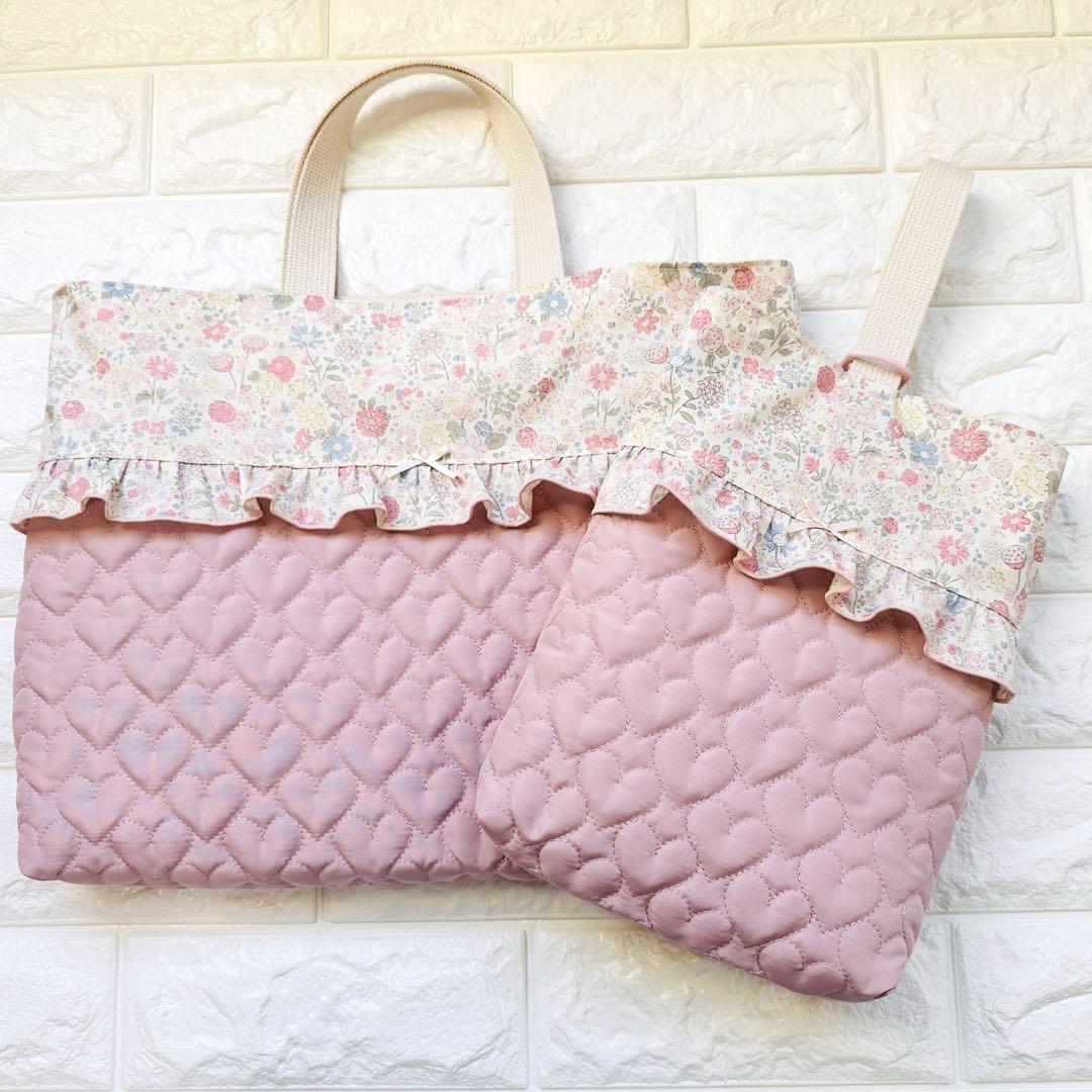 ハンドメイド　ハート　キルティング　女の子　ピンクベージュ　レッスンバッグ　花柄