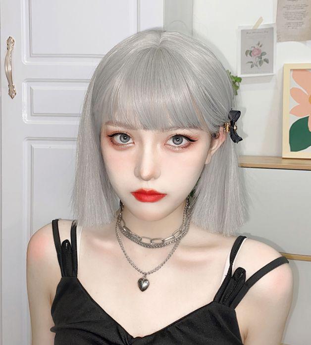人毛100%ショートストレート☆シルバーグレー☆高品質☆日常?自然 ウィッグ