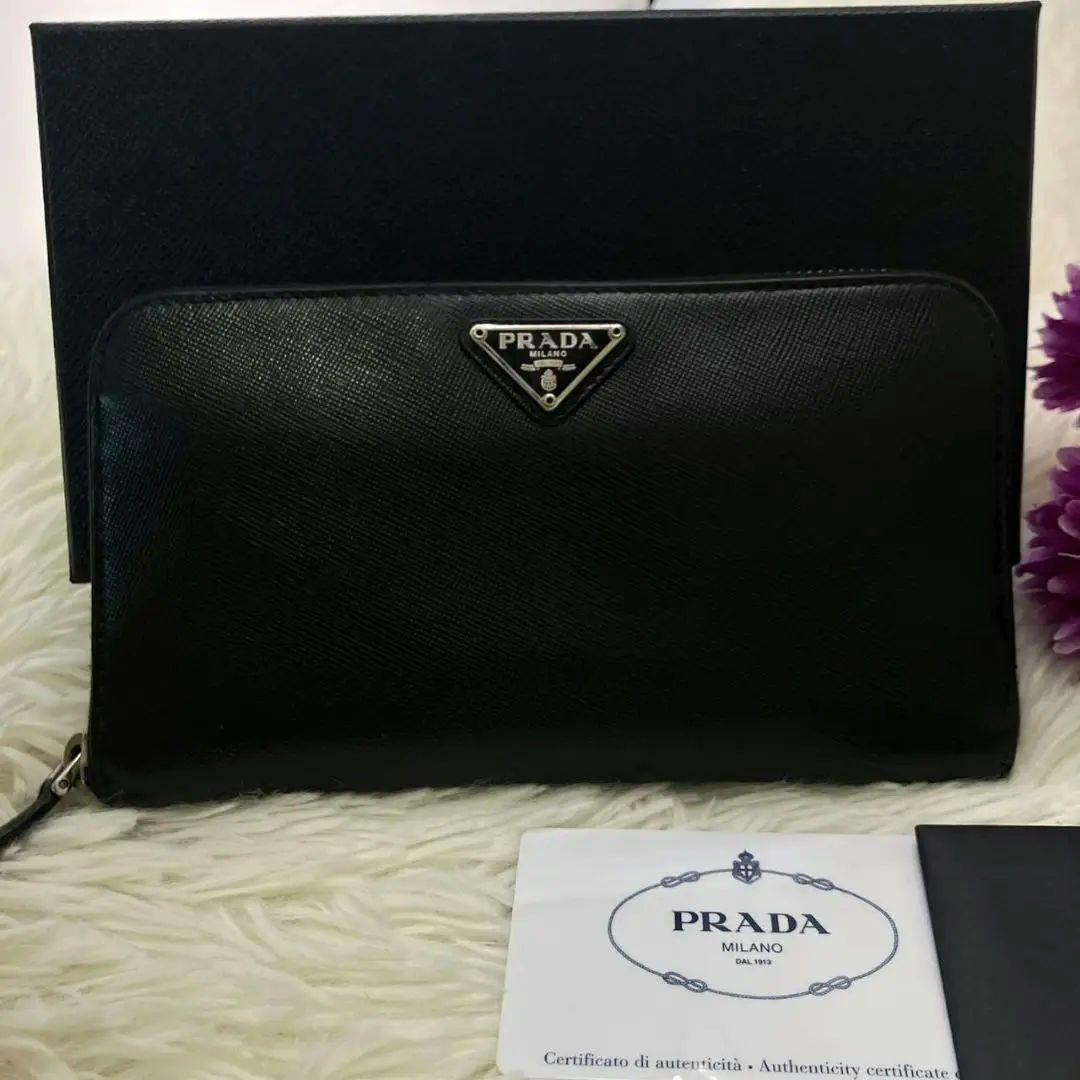極美✨PRADA 長財布 三角ロゴ サフィアーノレザー ブラック 極美品】 PRADA レザー 長財布 サフィアーノ 三角ロゴ プレート