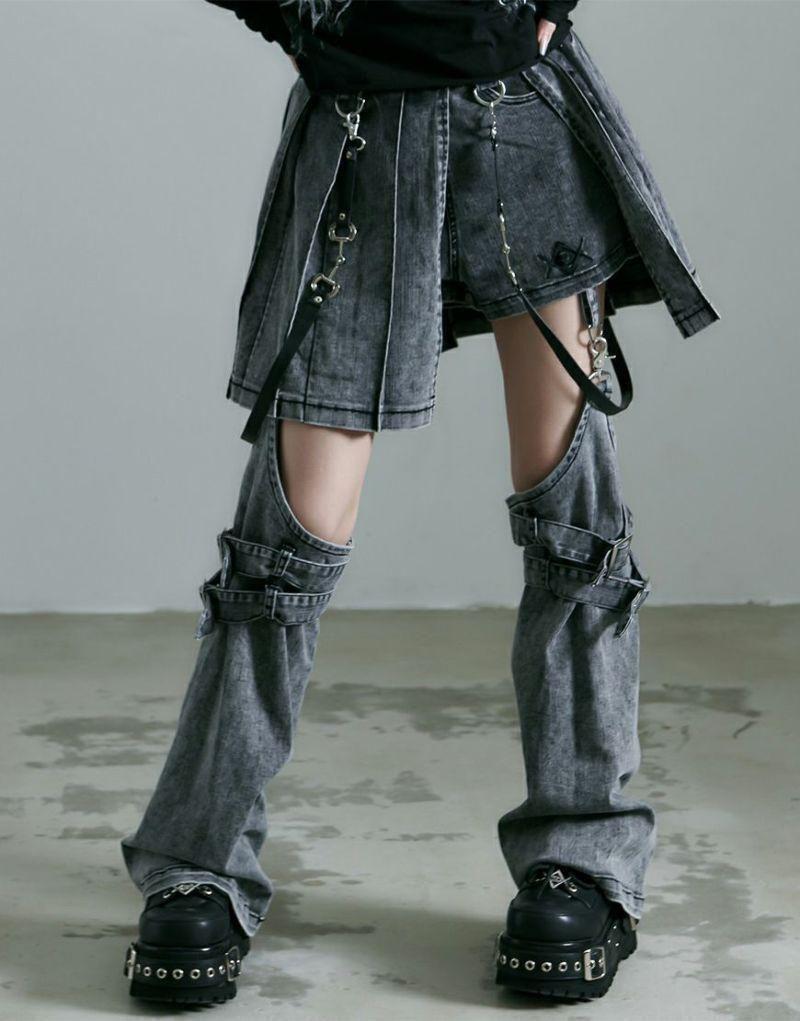新品　REFLEM　レッグカバー付きレイヤードデニムショートパンツ　グレー　地雷
