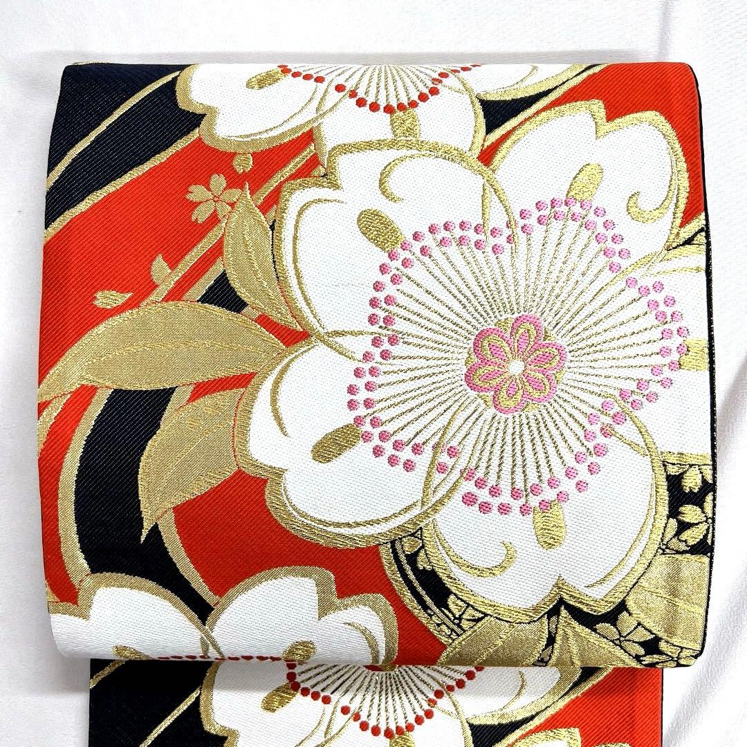 袋帯 振袖帯 流線 桜花模様 桜花 花びら 金糸 着物 帯 033k