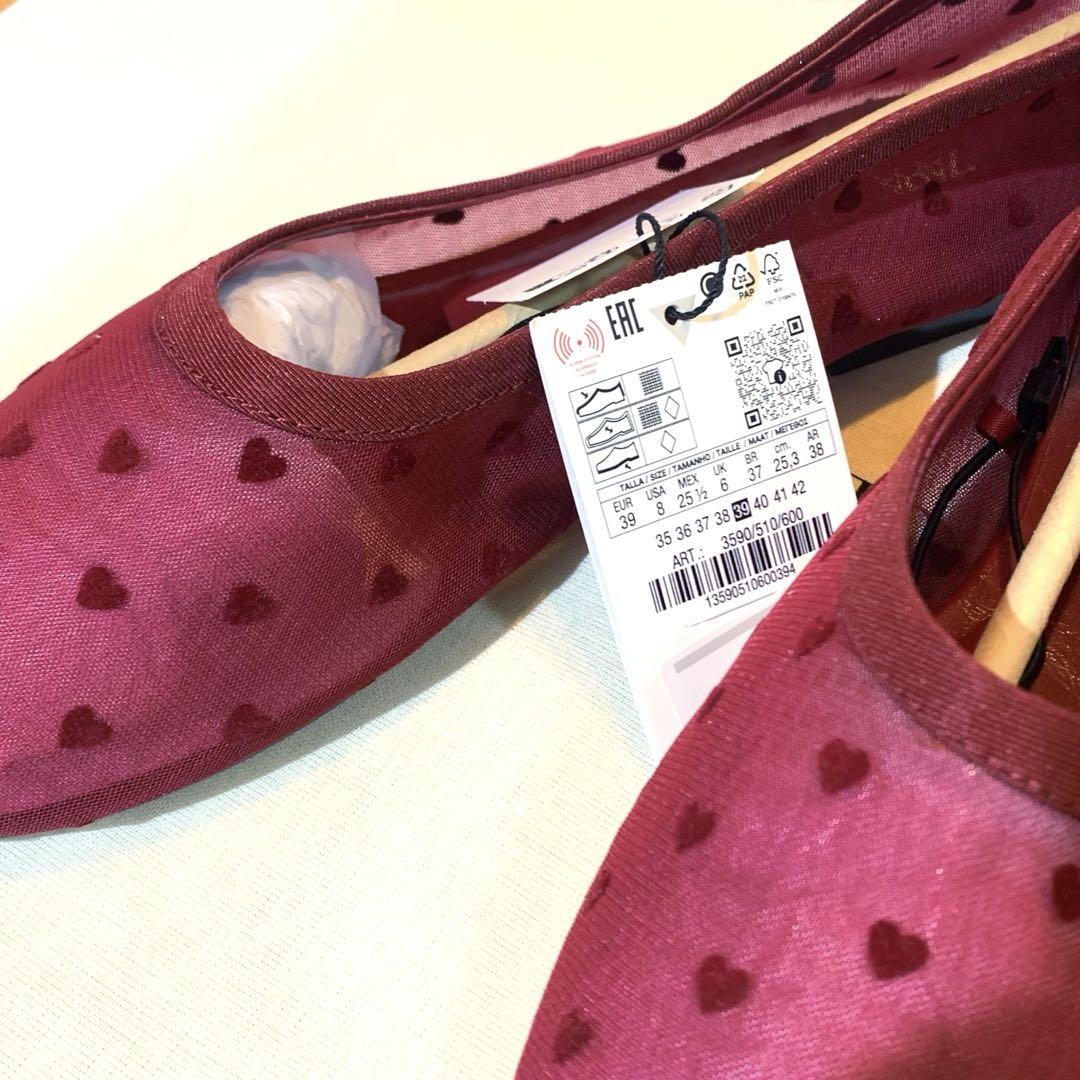 ZARA】ザラ 39 ハート柄メッシュバレリーナシューズ レッド 赤 新品