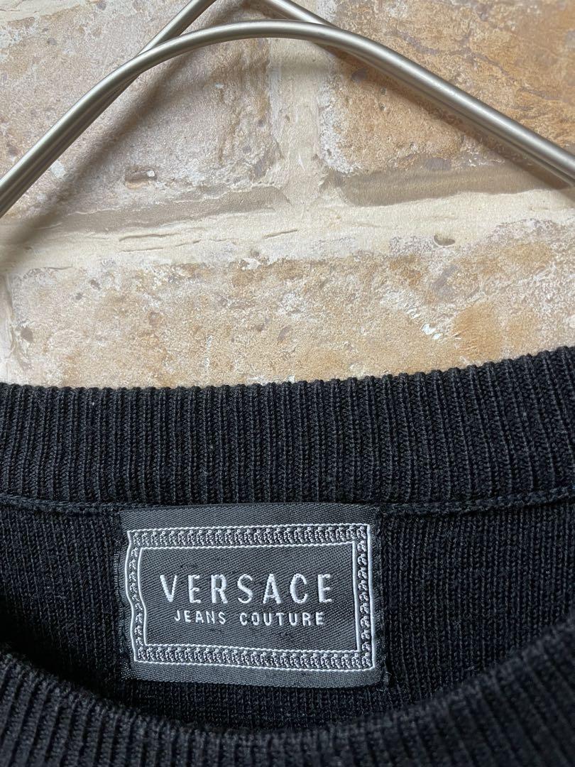 90s ヴェルサーチェ　Versace ニット　刺繍　黒　チェック　古着