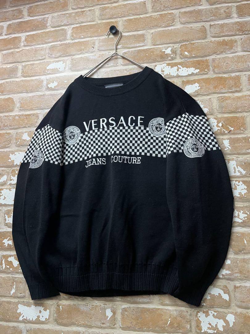 90s ヴェルサーチェ　Versace ニット　刺繍　黒　チェック　古着