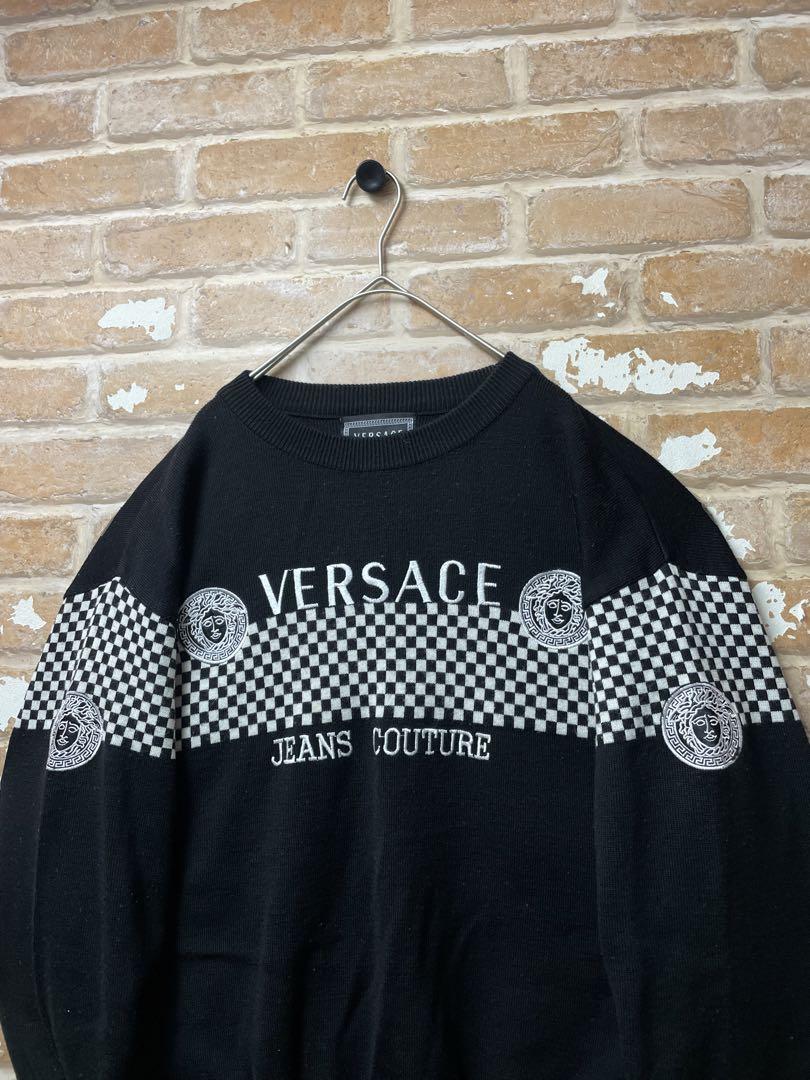90s ヴェルサーチェ　Versace ニット　刺繍　黒　チェック　古着