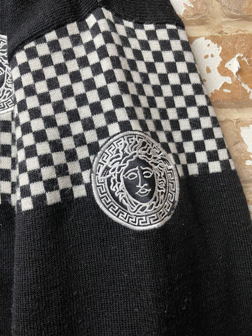 90s ヴェルサーチェ　Versace ニット　刺繍　黒　チェック　古着