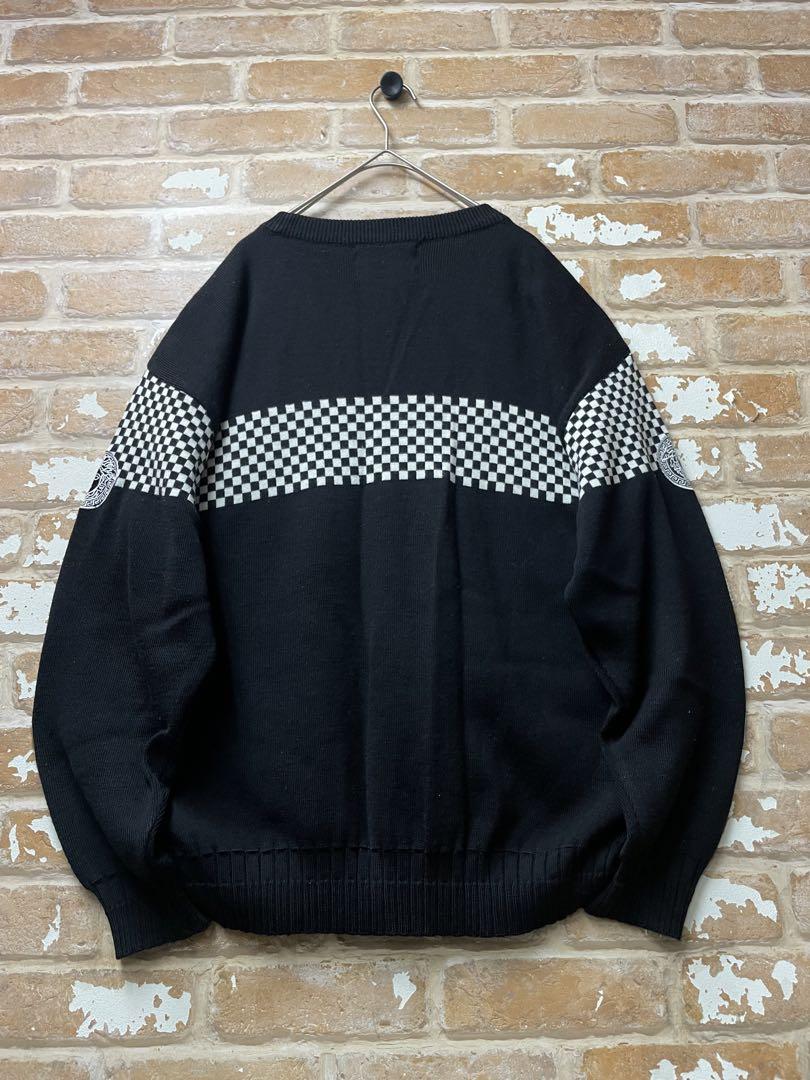 90s ヴェルサーチェ　Versace ニット　刺繍　黒　チェック　古着