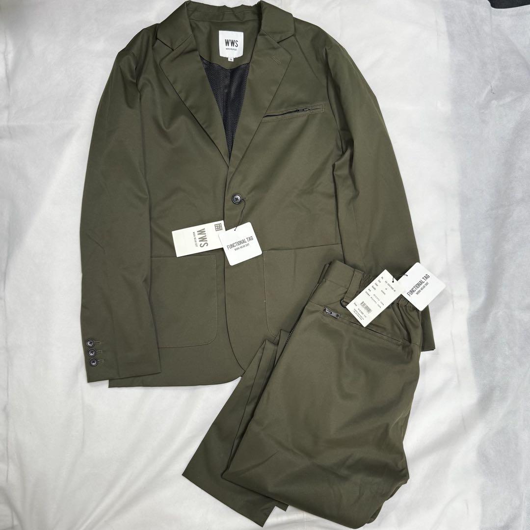 新品 WWS カーキ スーツ M ジャケット パンツ タグ付 2B ジップモデル