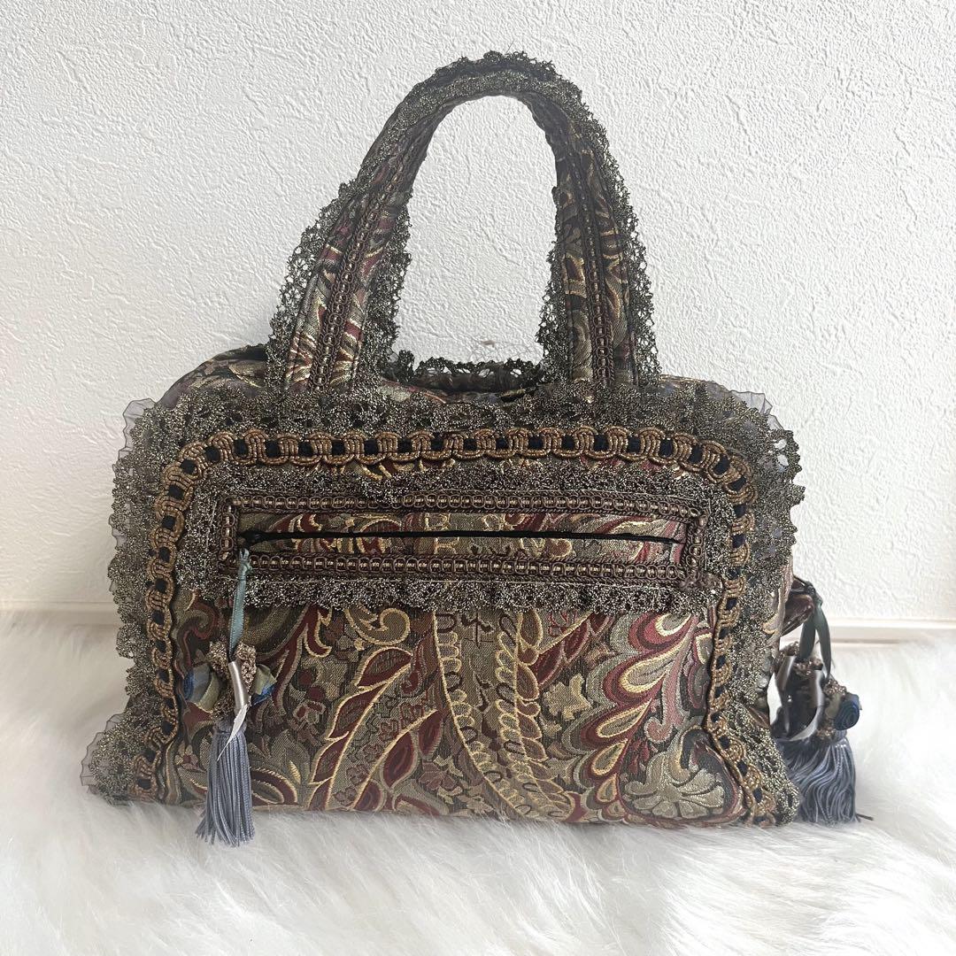 【希少】chimaki ボストンハンドバッグ　手編み　レース　刺繍　アンティーク 希少】chimaki ボストン型 ハンドバッグ 手編み レース 刺繍