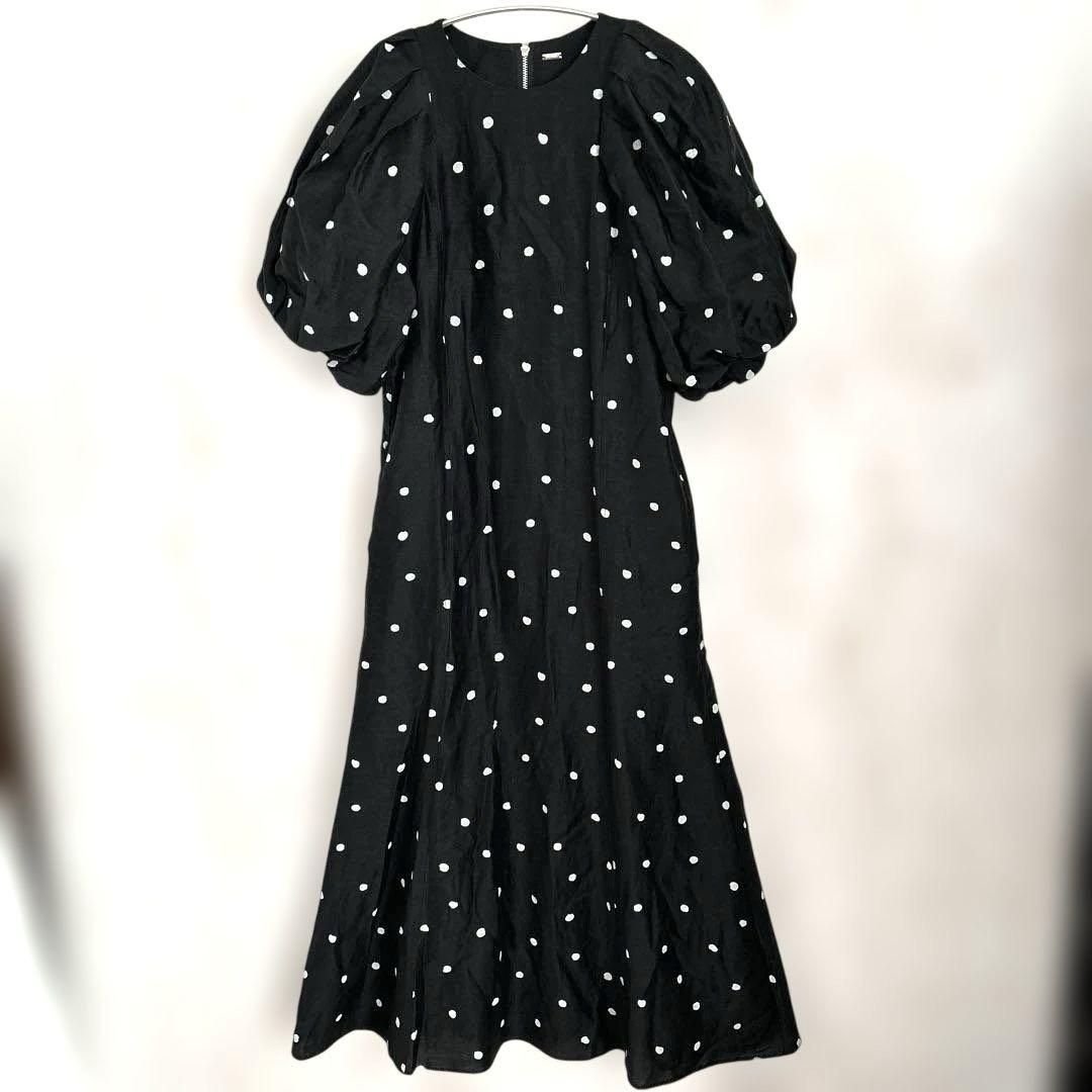 美品　Mila Owen ボリュームスリーブ　ロングワンピース　リネン混　ドット