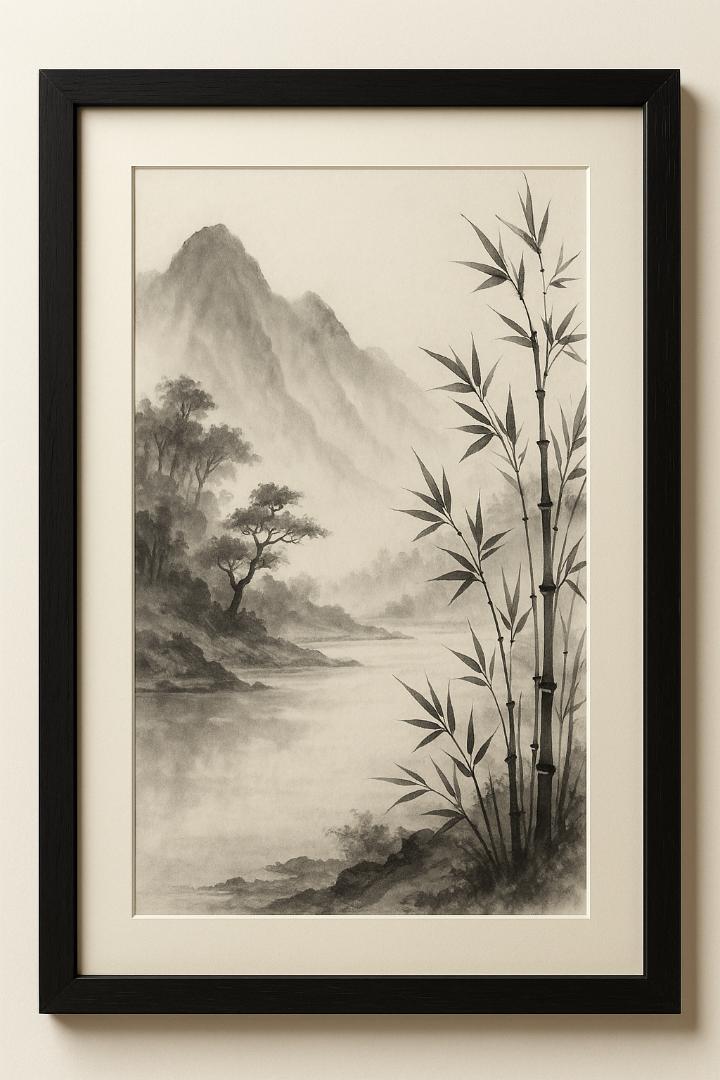 「幽玄竹渓 水墨縦長額装アート」