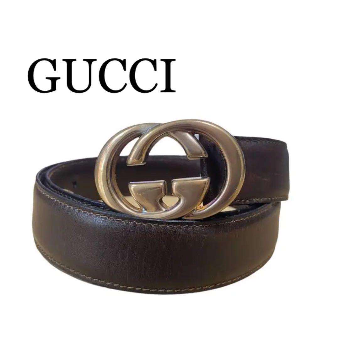 GUCCI グッチ ベルト インターロッキング GG ブラウンレザーベルト 送料無料カード決済可能