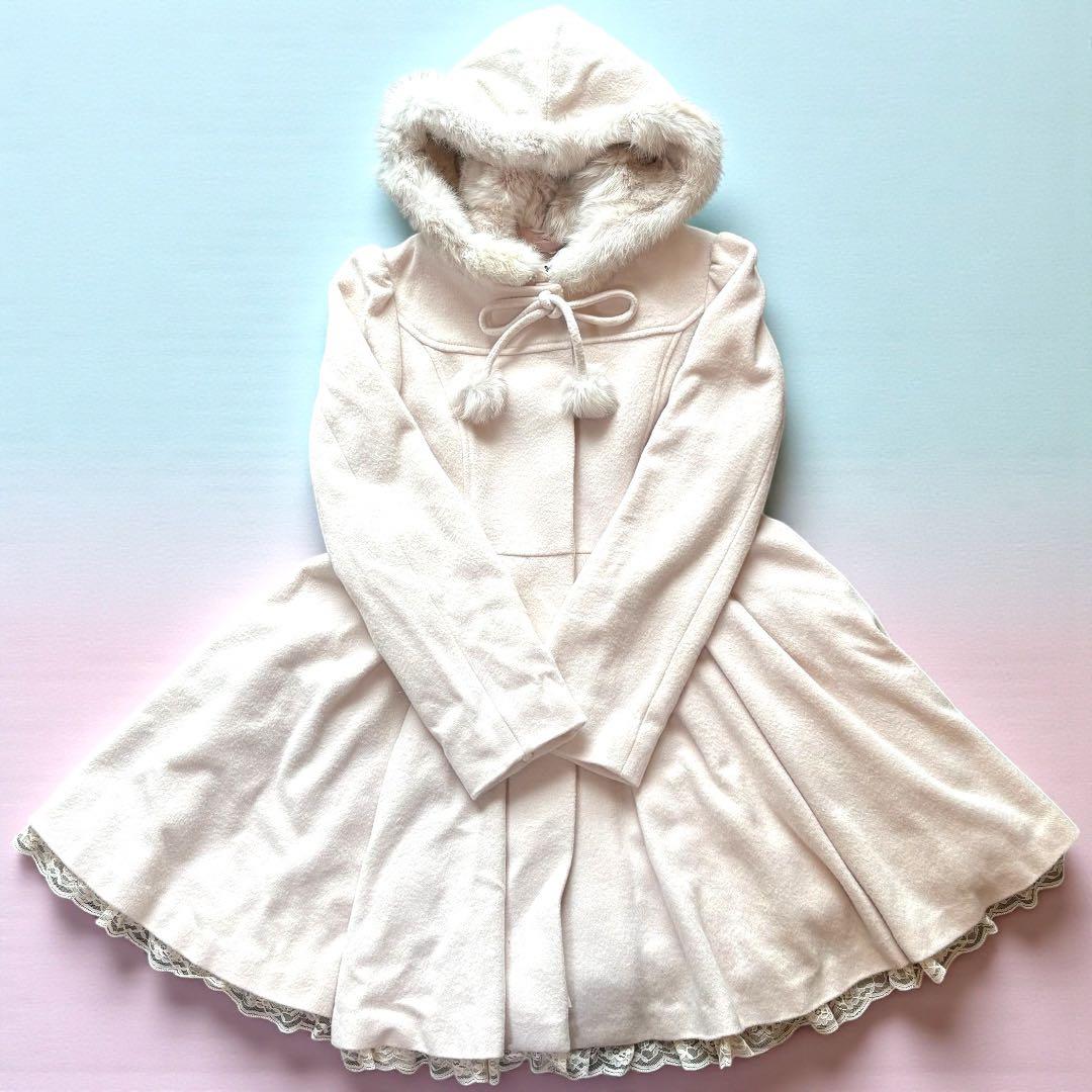 ミルフィーユクローゼット ファー付ロングコート ウールコートピンク ポンポン付