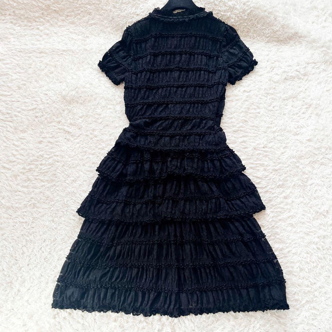 美品 インゲボルグ レース段々ワンピース ベルト付 ボタン刻印 ブラック 美品 インゲボルグ レース段々ワンピース ベルト付 ボタン刻印 ブラック