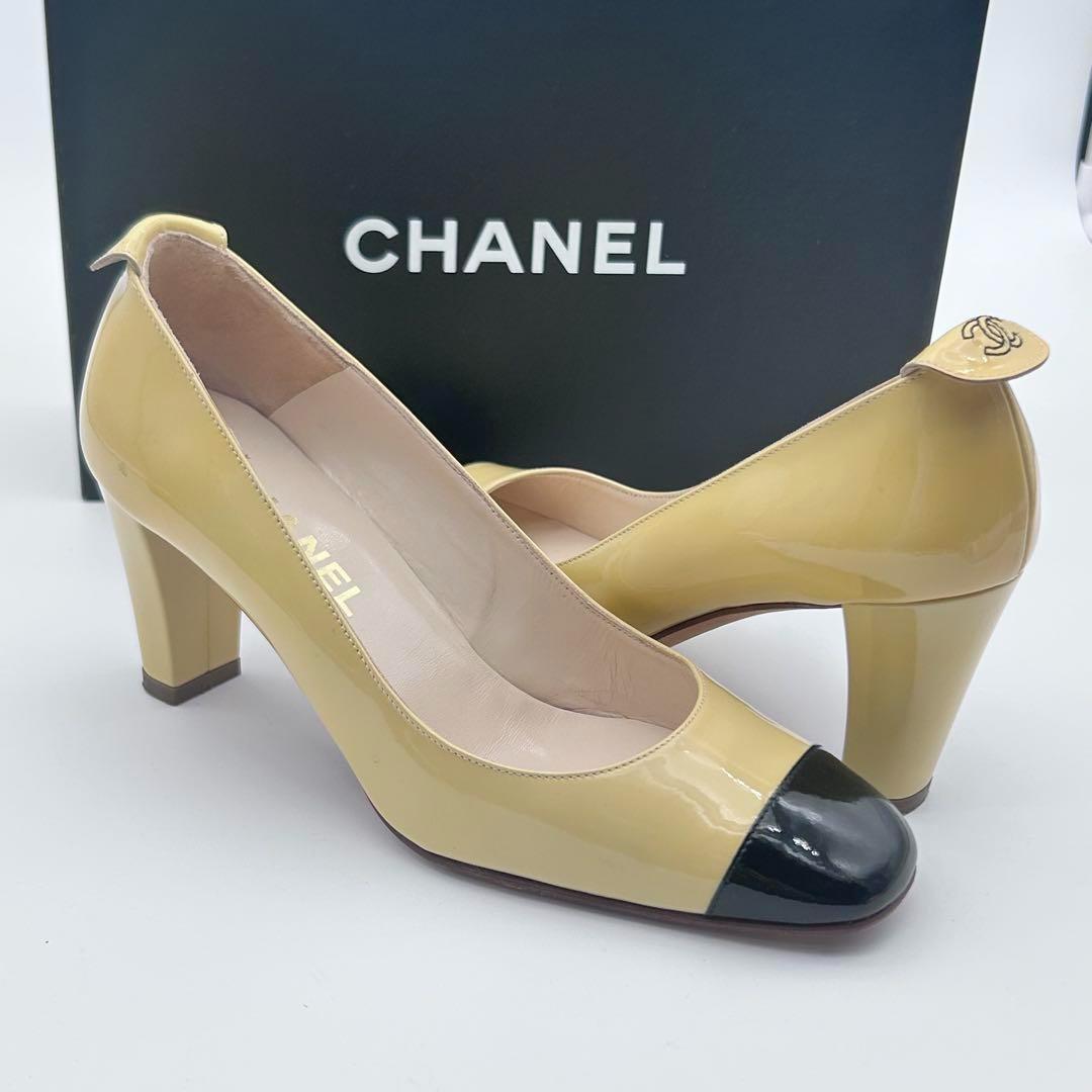 極美品　CHANEL シャネル　パンプス　太ヒール　バイカラー　ココマーク