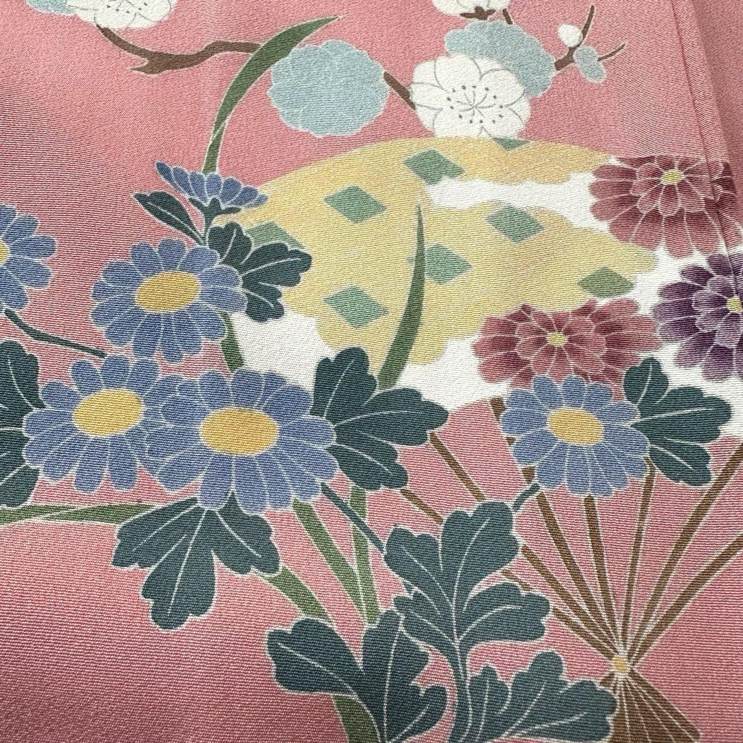 付下げ 扇に童子柄 花模様 着物 正絹 紋なし 袷 広衿 RK-3569