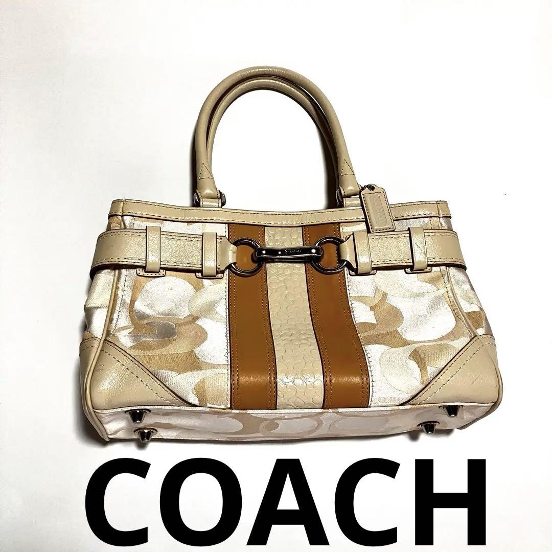 コーチ キャンバス+レザー シグネチャー ハンドバッグ 2154 COACH - コーチ ハンドバッグ キャンバス レザー 革