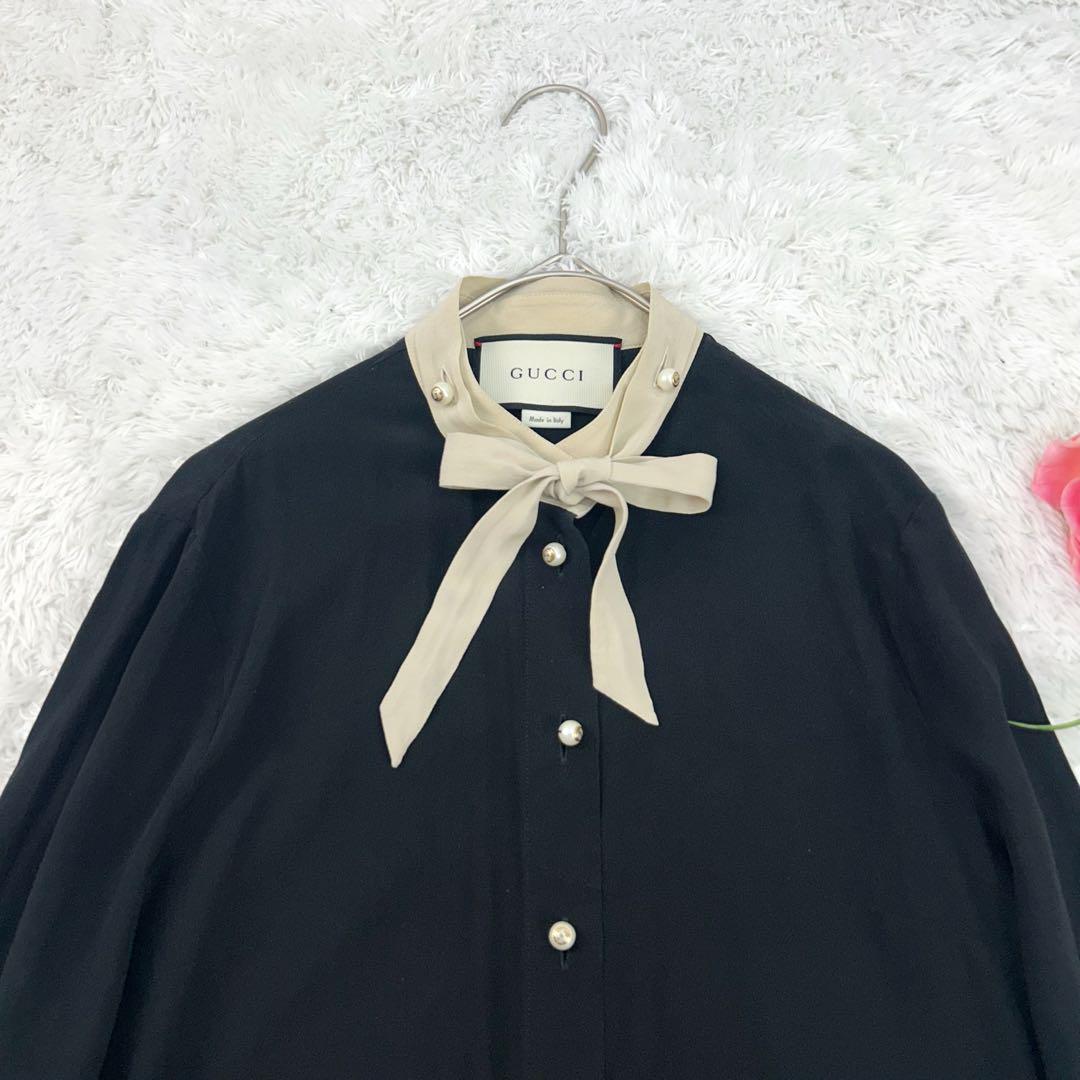 新入荷 現行タグ✨GUCCI 黒 38 パールボタン シルク100%長袖ブラウス トップス