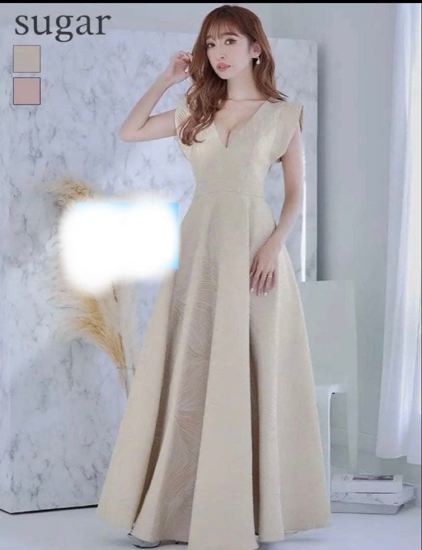 クリーム色 Vネック フ スリーブ ロングドレス エルケイM SUGAR