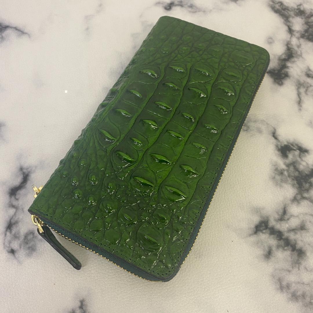 オンラインショッピング 長財布 クロコダイル型押し 牛革 グリーン