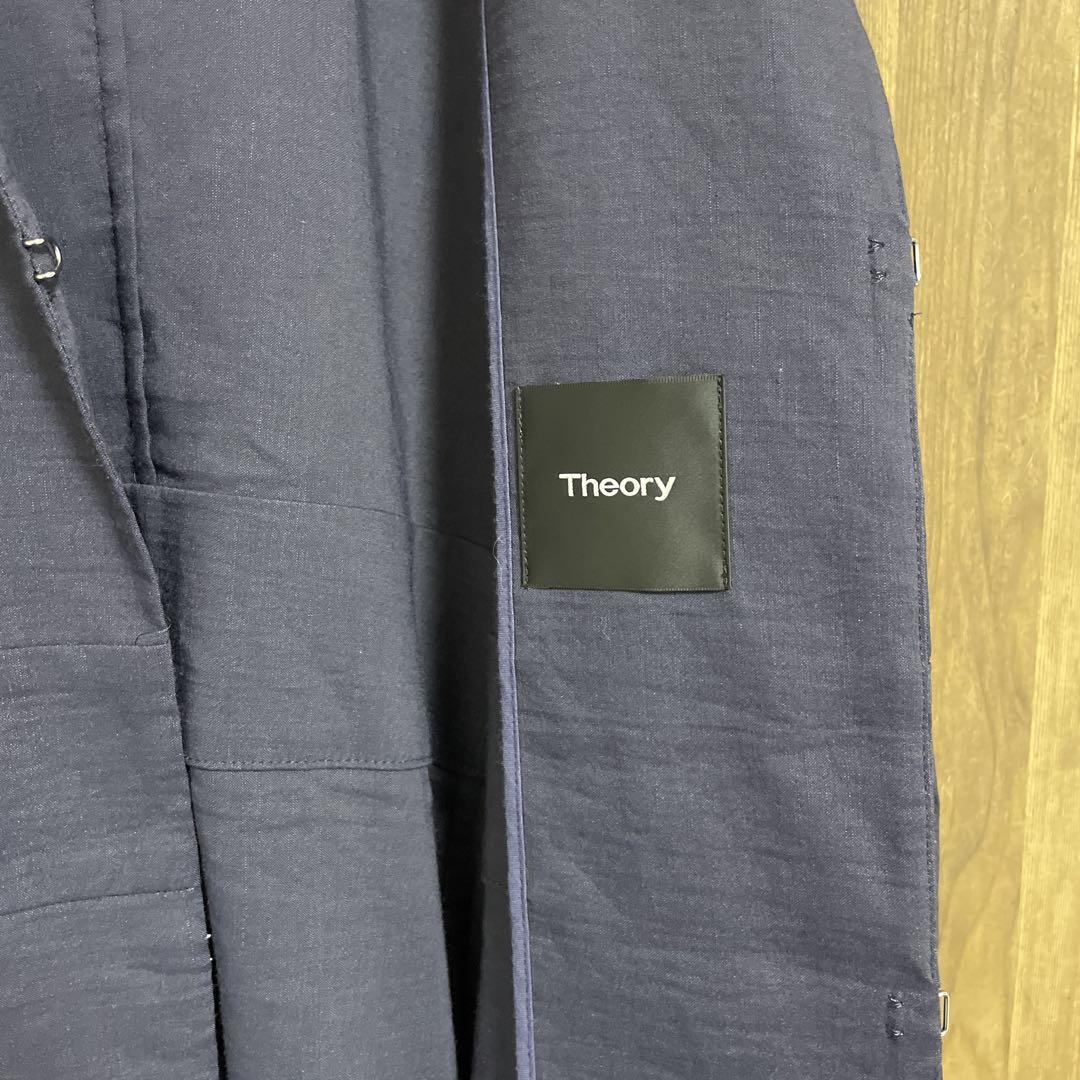 公式ファッションブランド通販サイト 美品Theory リネン素材ノーカラーロングジャケットネイビー ジャケット・アウター