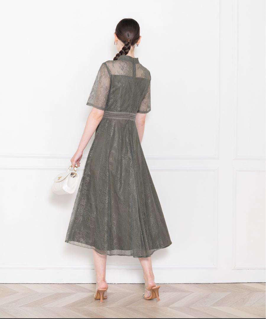 【美品】Leja ハイネック花柄レースロングドレス グリーン L