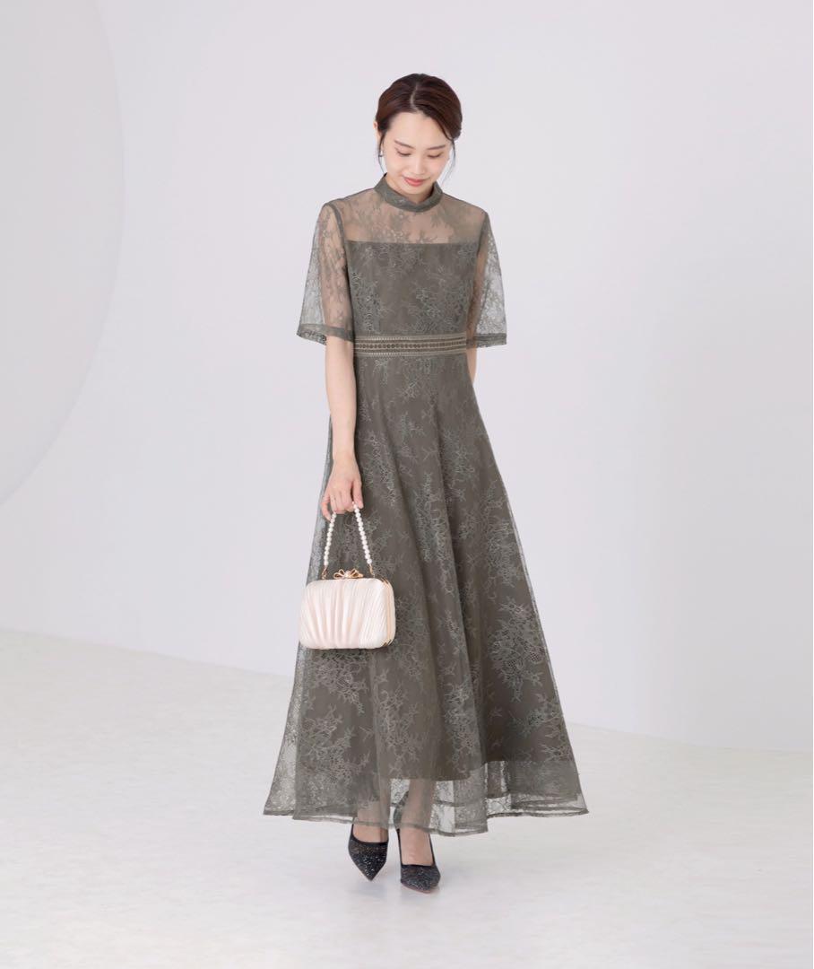 【美品】Leja ハイネック花柄レースロングドレス グリーン L