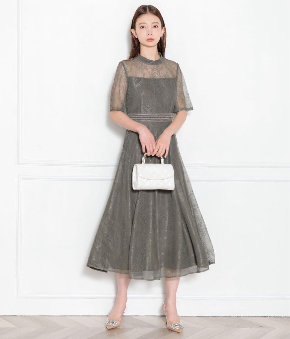 【美品】Leja ハイネック花柄レースロングドレス グリーン L