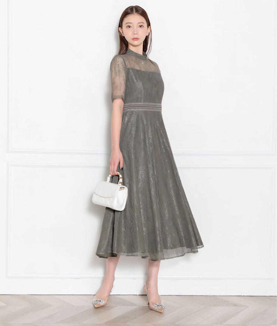 【美品】Leja ハイネック花柄レースロングドレス グリーン L